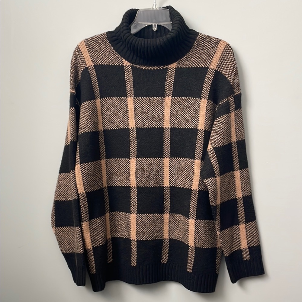 Sage the Label Chic Black and Tan Plaid Turtleneck Sweater